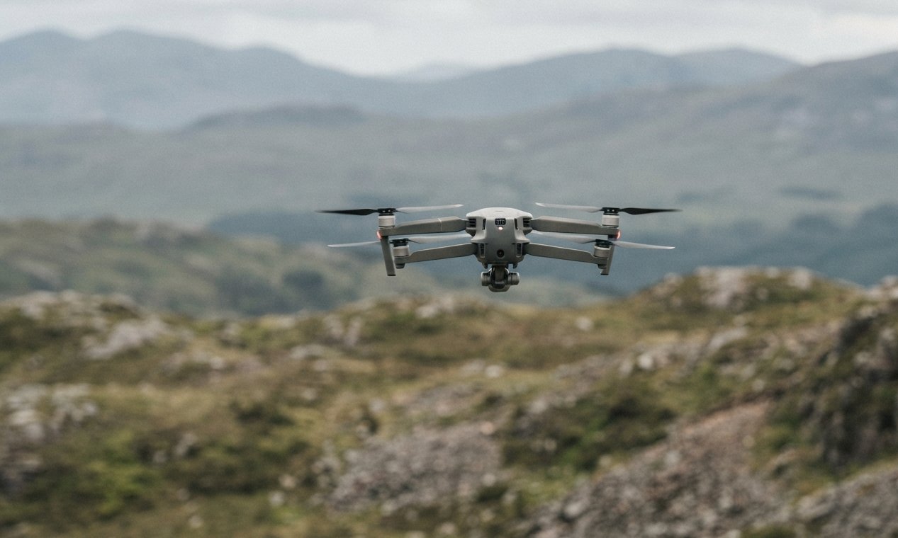 Dron de ala rotatoria en vuelo sobre terreno altoandino