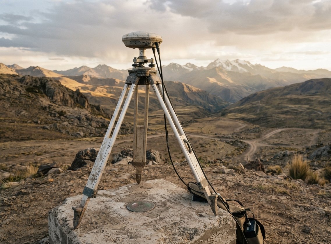Antena GNSS sobre trípode instalada en un hito geodésico de concreto