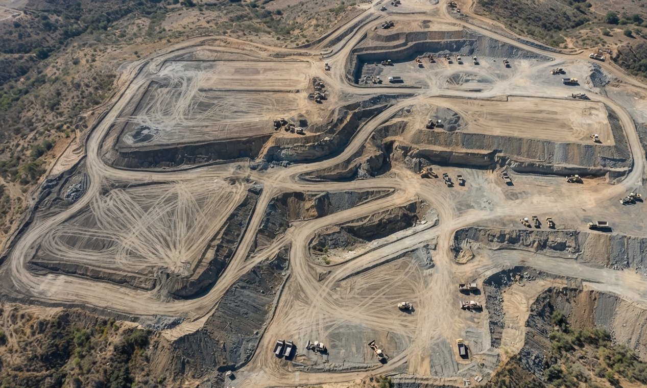 Ortofoto cenital de un frente de movimiento de tierras con plataformas y accesos